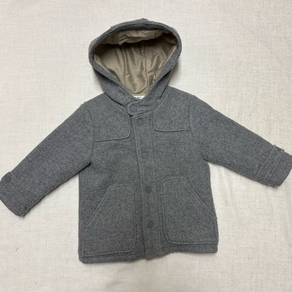 Zara Baby Youth Kids 3T 4T Wool Blend Grey Snap Peacoat Winter Dress Hooded